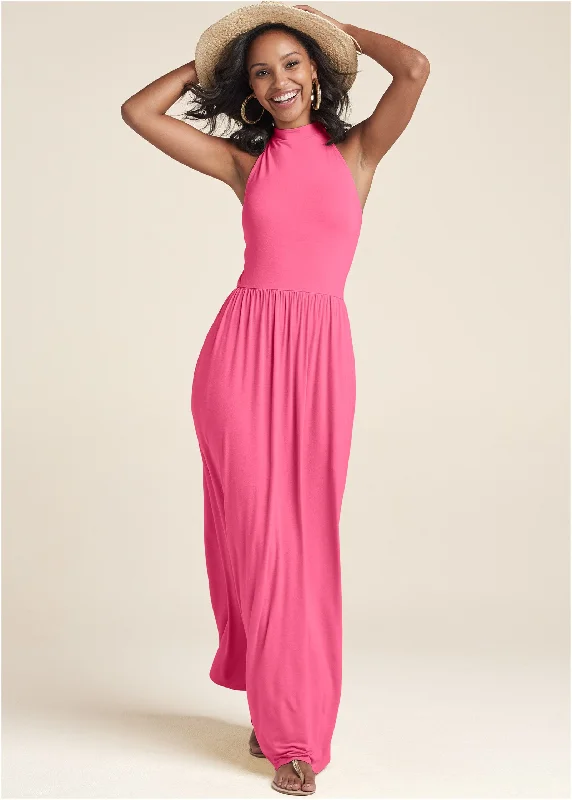 High Neck Maxi Dress - Hot Pink Cozy Cold-Shoulder Maxi Dress