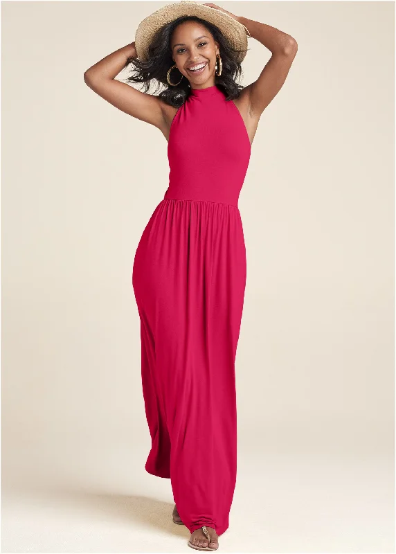 High Neck Maxi Dress - Dark Pink Elegant Sleeveless Maxi Dress