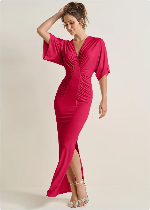Drape Sleeve Maxi Dress - Barberry Elegant Maxi Dress with Ruffles