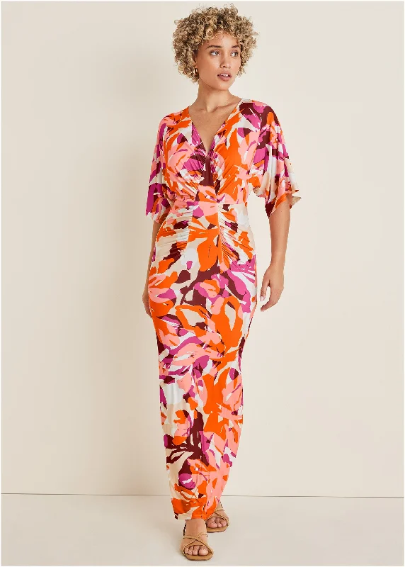 Drape Sleeve Maxi Dress - Desert Floral Chic Boho Print Maxi Dress