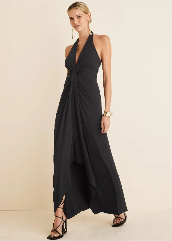 Plunging Knot Maxi Dress - Black Comfortable Maxi Dress with Sleeves