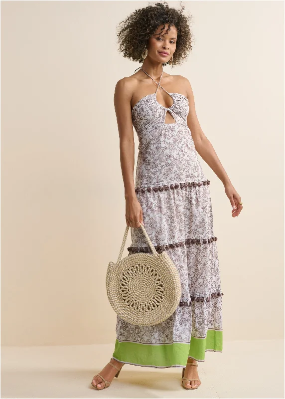 Tiered Tassel Maxi Dress - Brown & Green Chic Summer Maxi Dress