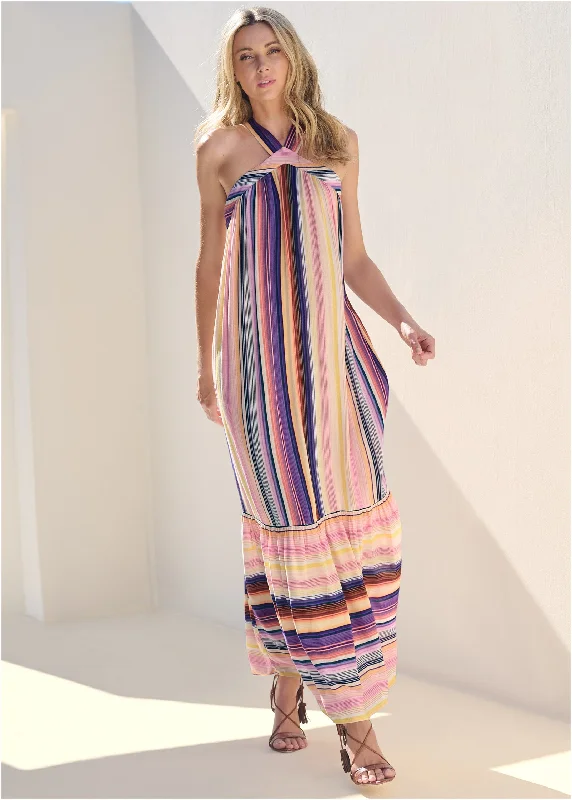 Striped Tiered Maxi Dress - Multi Trendy Ruffled Maxi Dress