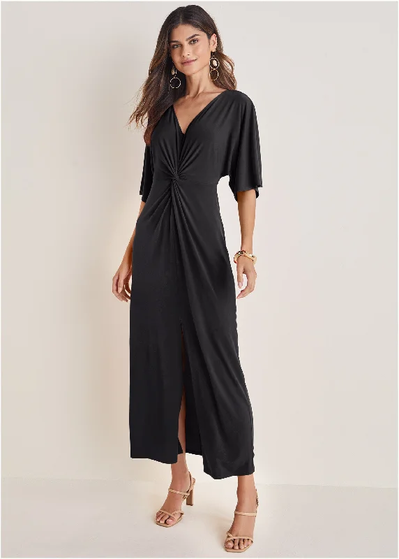 Twist Front Maxi Dress - Black Fashionable Chiffon Tiered Maxi Dress