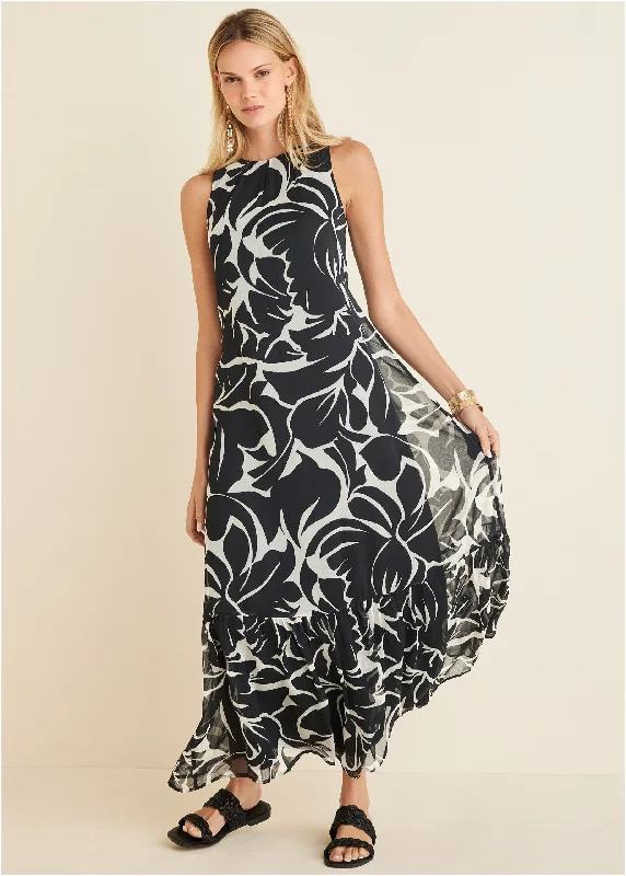 Ruffle Hem Maxi Dress - Woodcut Botanical Trendy Ruffled Maxi Dress