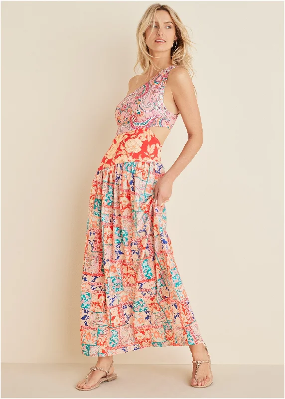 Linen Cutout Maxi Dress - Triple Venetian Print Comfortable Ruffle Maxi Dress