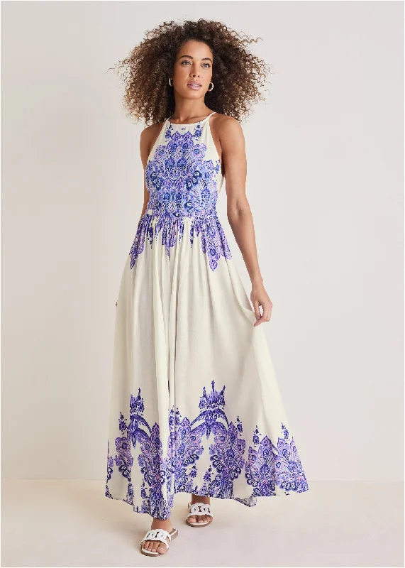 Printed Linen Maxi Dress - Purple Paisley Border Fashionable Sheer Maxi Dress