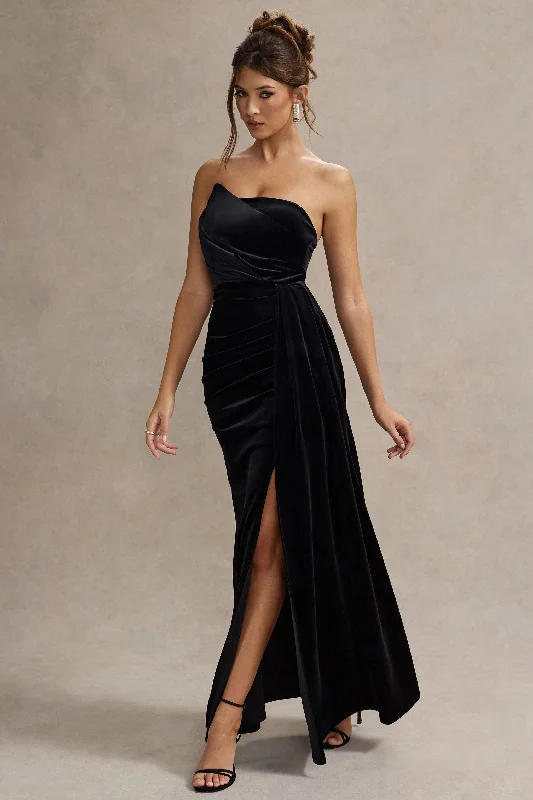 Zafira | Black Velvet Strapless Draped Maxi Dress Stylish V-Neck Maxi Dress