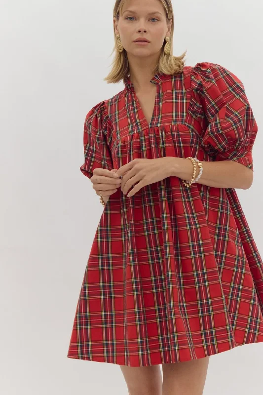 Plaid V-Neck Puff Sleeve Mini Dress Elegant Mini Dress with Ruffles