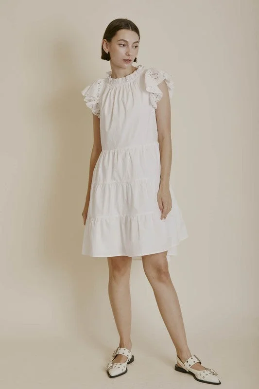 Embroidered Flutter Slv Mini Dress Modern Satin Mini Dress