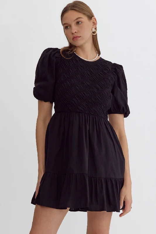 Solid Smocked Short Sleeve Mini Dress Elegant Floral-Print Mini Dress