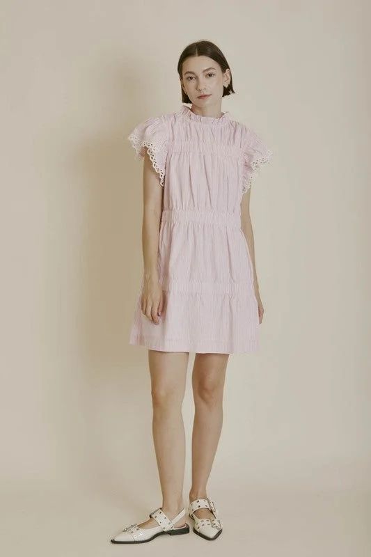 Striped Flutter Sleeve Mini Dress Comfortable Off-Shoulder Mini Dress