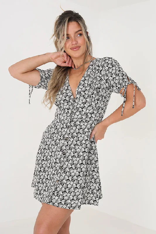 ALL OVER FLORAL MINI DRESS WITH TIE DETAIL Casual Button-Up Mini Dress