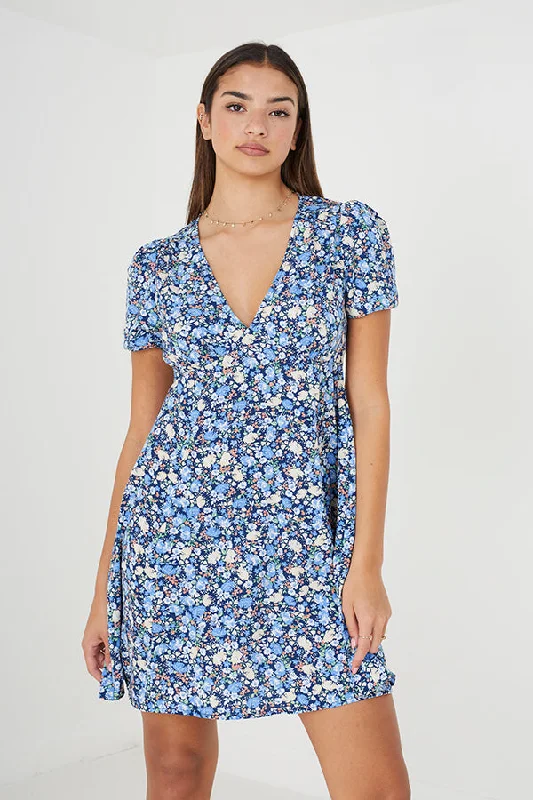 ALL OVER FLORAL V NECK MINI DRESS Fashionable Lace-Trim Mini Dress