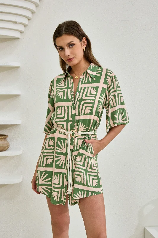 Ardenia Green Abstract Belted Mini Dress Elegant Floral-Print Mini Dress