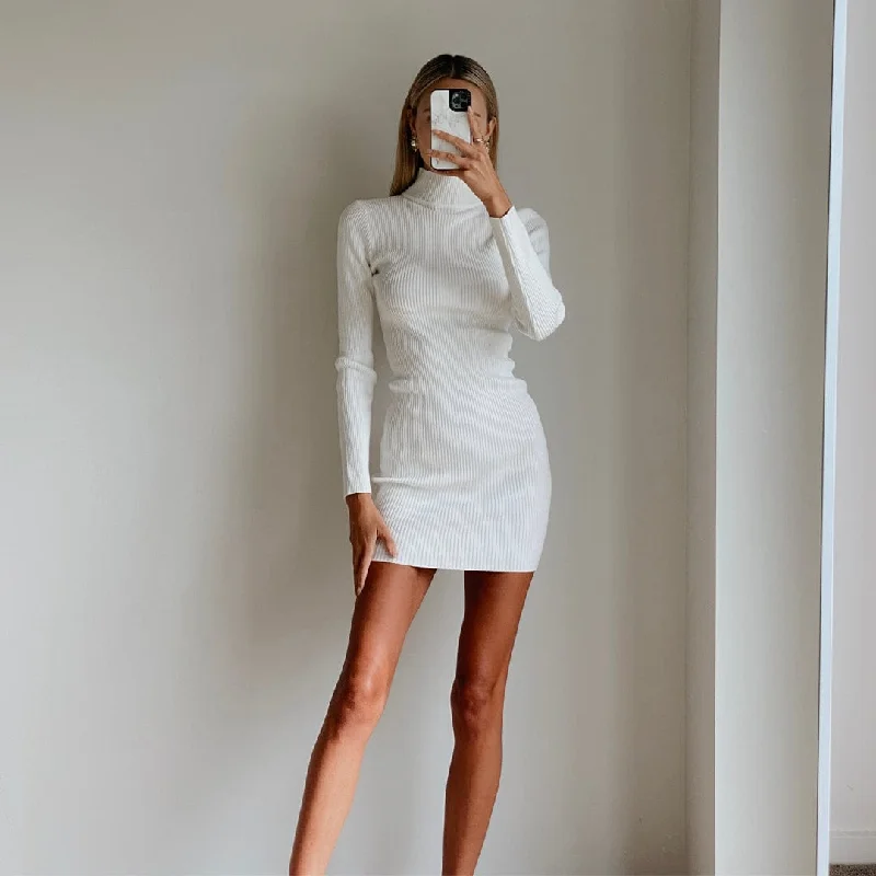 BASTET White High Neck Long Sleeve Bodycon Knit Mini Dress Elegant Lace Mini Dress