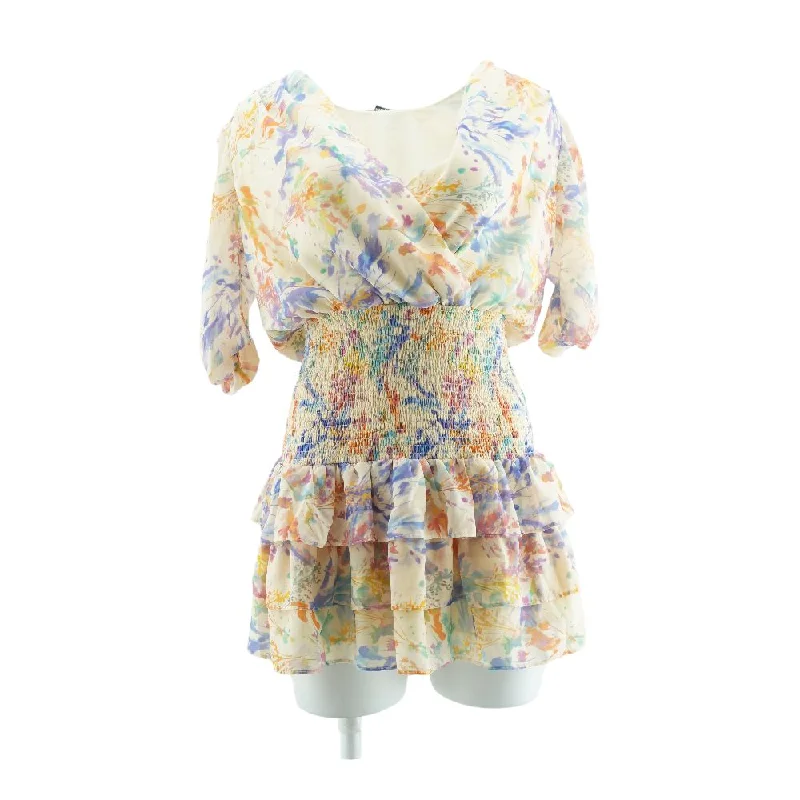 Beige Graphic Mini Dress Casual V-Neck Mini Dress