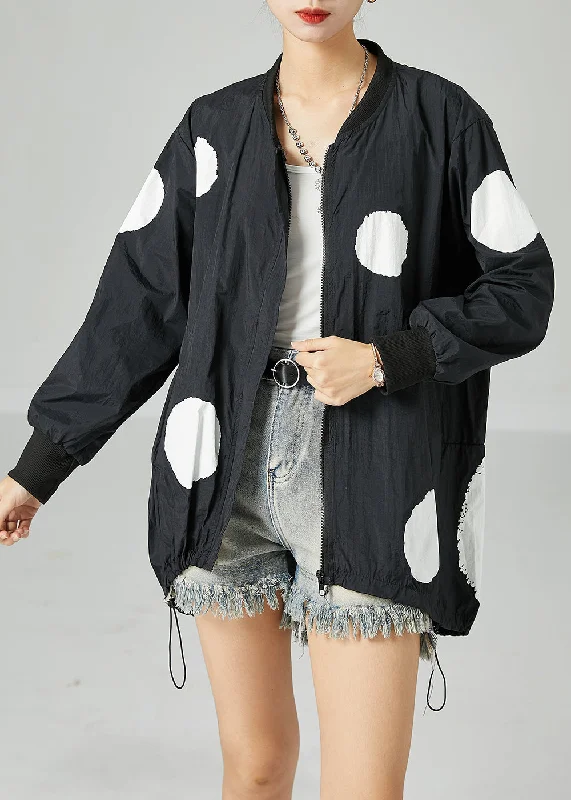 Black Dot Print Silk Jacket Stand Collar Drawstring Spring Appliqued Jacket Beaded Jacket Sequined Jacket