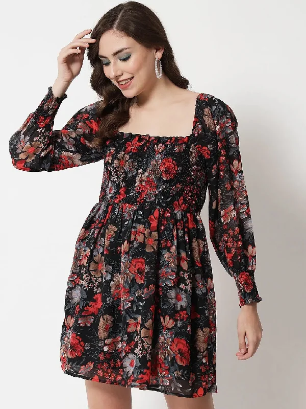 Black Floral Mini Dress Trendy Denim Mini Dress