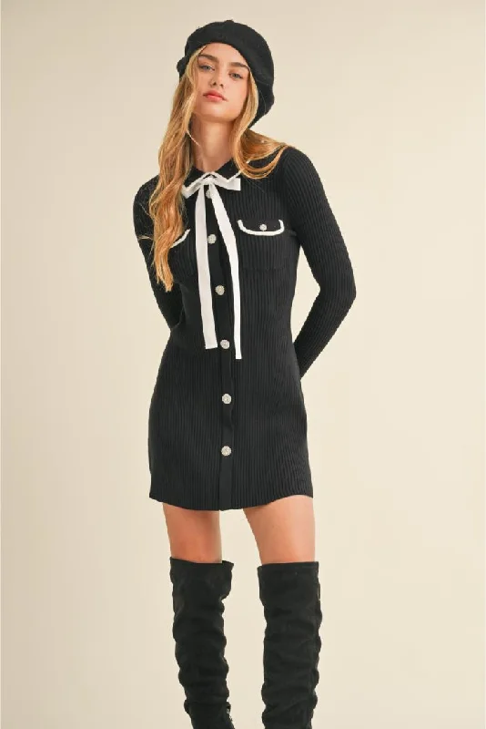 Blair Knit Bow Collared Mini Dress Stylish Sweetheart Neck Mini Dress