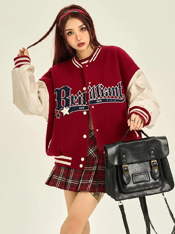 Brilliant Baggy Red Patchwork Varsity Jacket Notch Collar Jacket Peter Pan Collar Jacket Cowl Neck Jacket