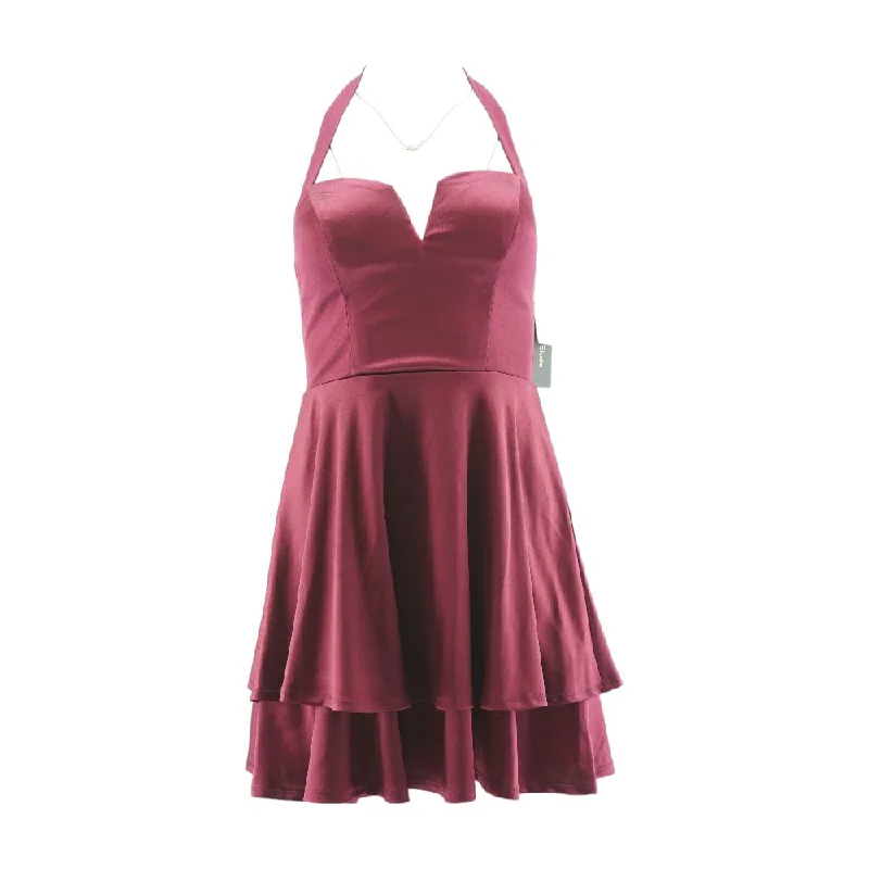 Burgundy Solid Mini Dress Trendy Mini Dress with Belt