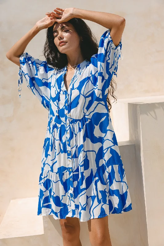 Calypso Blue Abstract Button Down Mini Dress Elegant Velvet Mini Dress