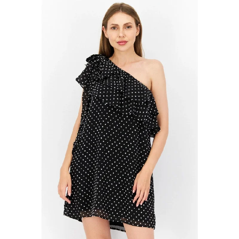 CECE Women's Clip Dot Mini Dress Large Black White Ruffle One Shoulder Lined NWT Trendy Cut-Out Mini Dress CECE Women's Clip Dot Mini Dress Large Black White Ruffle One Shoulder Lined NWT Trendy Cut-Out Mini Dress