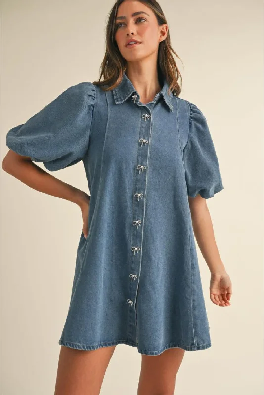 Dana Marie Denim Puff Sleeve Collared Mini Dress Fashionable Polka Dot Mini Dress