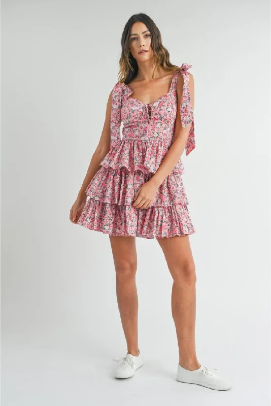 Emma Shabby Chic Floral Tiered Mini Dress - Pink Comfortable Linen Mini Dress