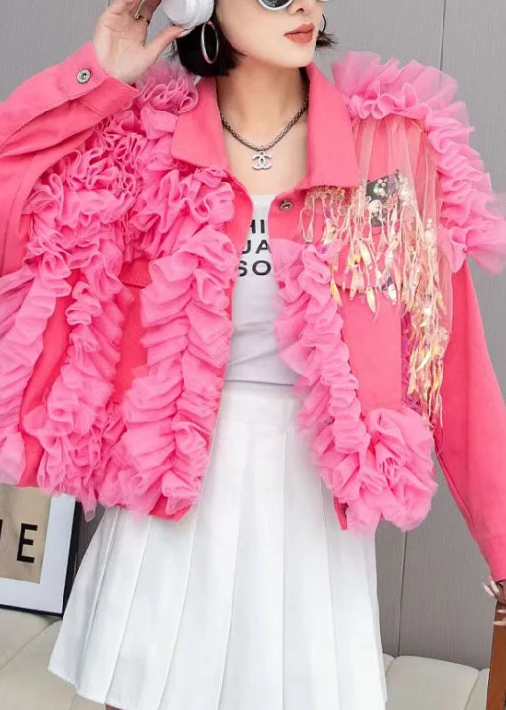 Fashion Pink Tulle Ruffled Tasseled Patchwork Denim Jackets Spring Wool Jacket Cashmere Jacket Tweed Jacket