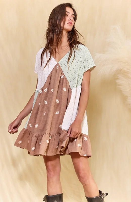 Floral Print Contrast Detail Babydoll Mini Dress- Ivory/Sage/Brown Elegant Satin Mini Dress Floral Print Contrast Detail Babydoll Mini Dress- Ivory/Sage/Brown Elegant Satin Mini Dress