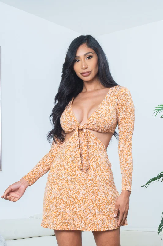 Floral Print Long Sleeve Tie Front Plunge V Neck Mini Dress with Midriff Cutout in Mustard (DR96989) Comfortable Smocked Mini Dress Floral Print Long Sleeve Tie Front Plunge V Neck Mini Dress with Midriff Cutout in Mustard (DR96989) Comfortable Smocked Mini Dress