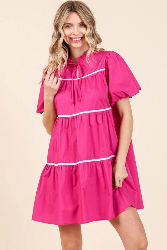 Geegee Piping Detailed Babydoll Mini Dress Comfortable Fit-and-Flare Mini Dress
