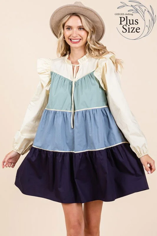 Geegee Plus Tiered Color Block Mini Dress Elegant Satin Lace Mini Dress