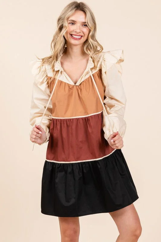 Geegee Tiered Color Block Mini Dress Elegant Off-Shoulder Dress Mini