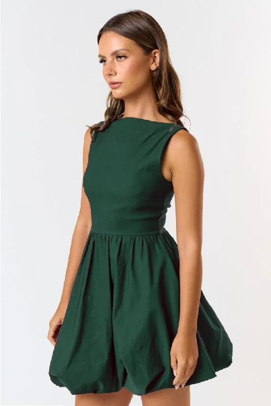 Nicola Boat Neck Bubble Hem Mini Dress - Hunter Green Fashionable Button-Front Mini Dress Nicola Boat Neck Bubble Hem Mini Dress - Hunter Green Fashionable Button-Front Mini Dress