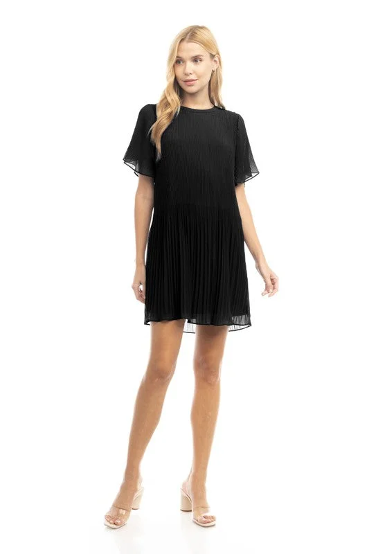 LBD Pleated Mini Dress-Black Stylish Floral Print Mini Dress