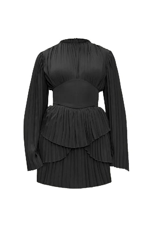 LENTI PLEATED MINI DRESS IN BLACK Comfortable Zip-Up Mini Dress