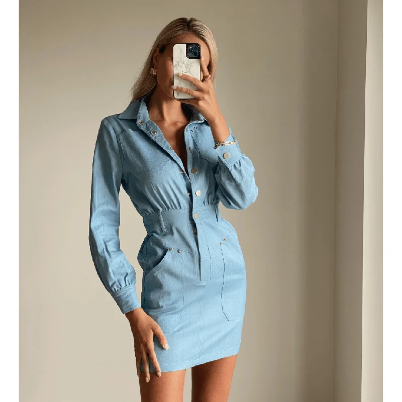 MAE Light Blue Denim Long Sleeve Mini Dress Cozy T-Shirt Mini Dress