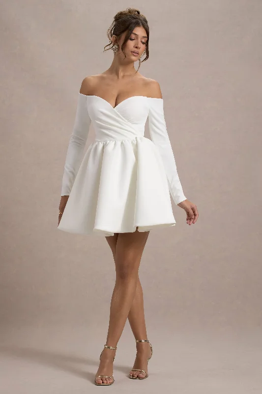 Marta | White Bardot Long-Sleeve Mini Dress Comfortable Shift Mini Dress