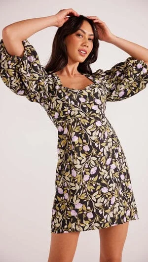 MINK PINK - NOCTURNE MINI DRESS - Lilac Floral Elegant Lace-Up Mini Dress