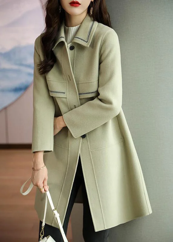 Natural Grass Green Peter Pan Collar Patchwork Woolen Jackets Fall Stand-Up Collar Roll-Neck Collar Turtle Neck