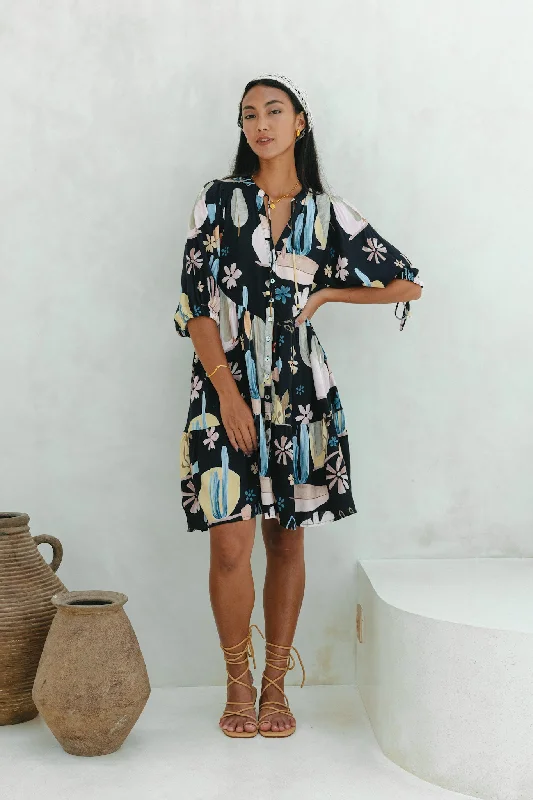 Nyla Black Abstract Button Down Mini Dress Comfortable Smocked Mini Dress