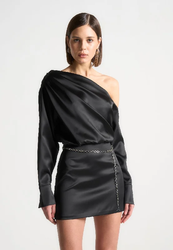 Off Shoulder Draped Satin Mini Dress with Belt - Black Fashionable Summer Mini Dress Off Shoulder Draped Satin Mini Dress with Belt - Black Fashionable Summer Mini Dress