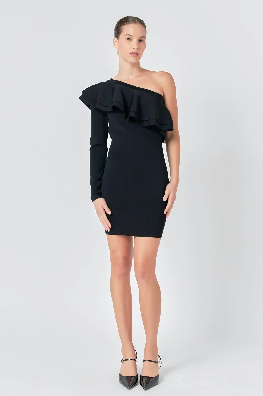One Shoulder Knitted Mini Dress Fashionable Lace-Trim Mini Dress