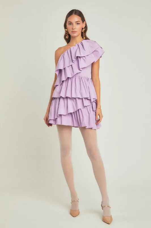 One-Shoulder Ruffled Mini Dress Trendy Floral Mini Dress