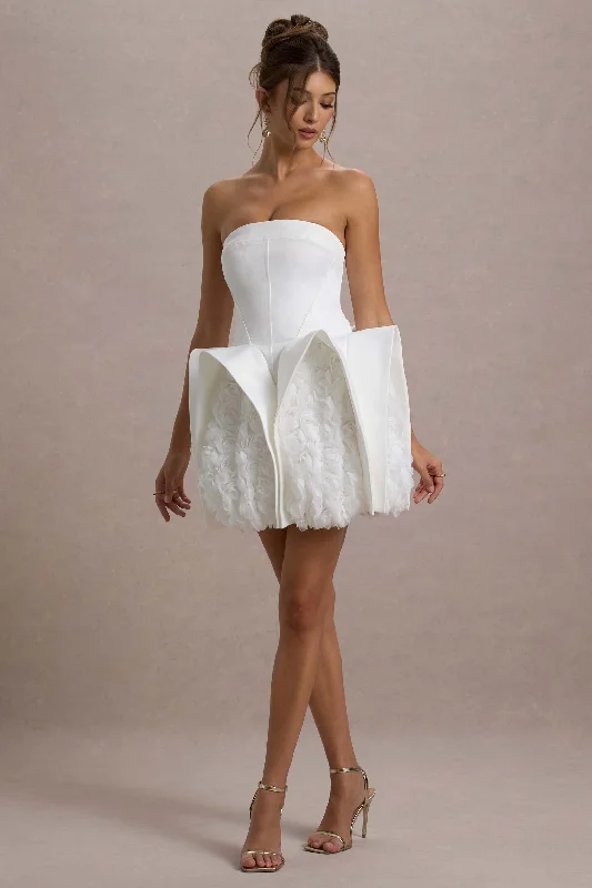 Orchid Oasis | White Bandeau Mini Dress With Puff Floral Hem Comfortable Fit-and-Flare Mini Dress