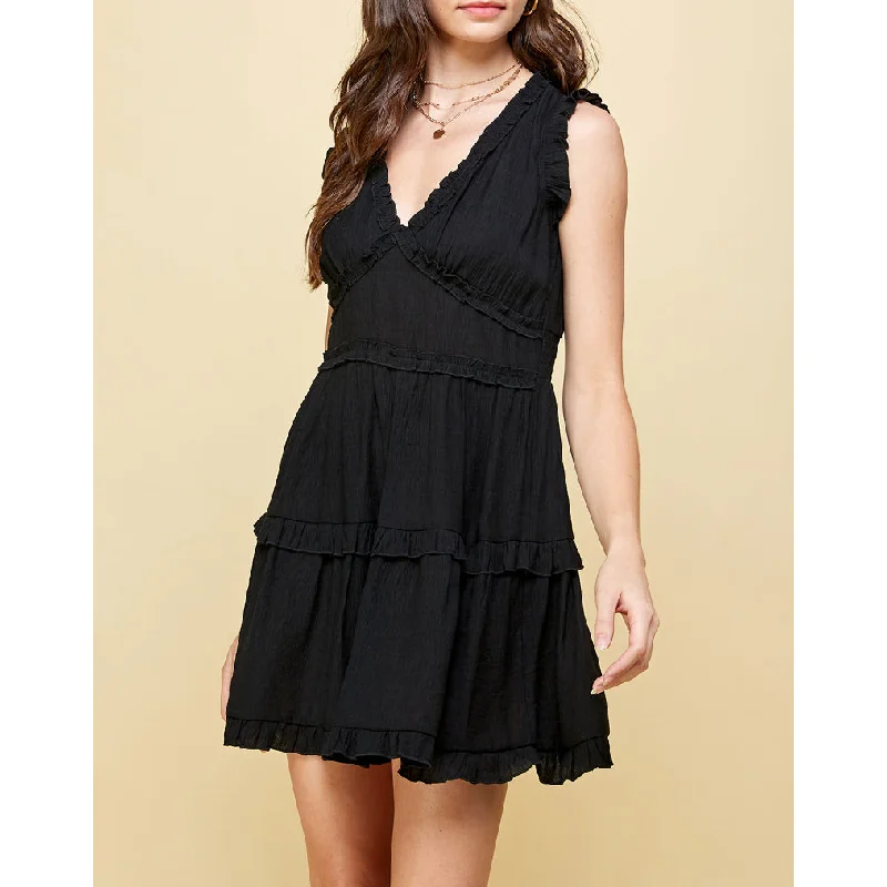 Pinch - V-Neck Ruffle Mini Dress - Black Classic Solid Mini Dress