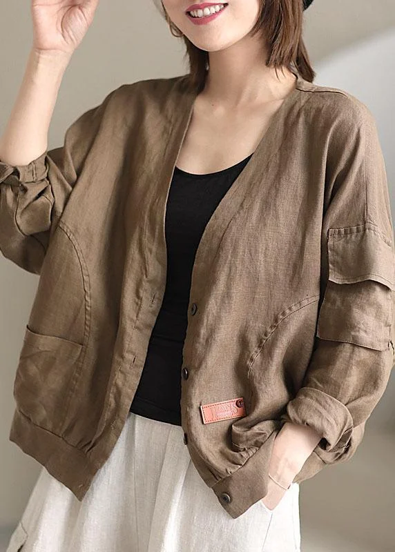 Plus Size Khaki V Neck Loose Button Fall Long sleeve Jacket Anorak Shell Jacket Lightweight Jacket